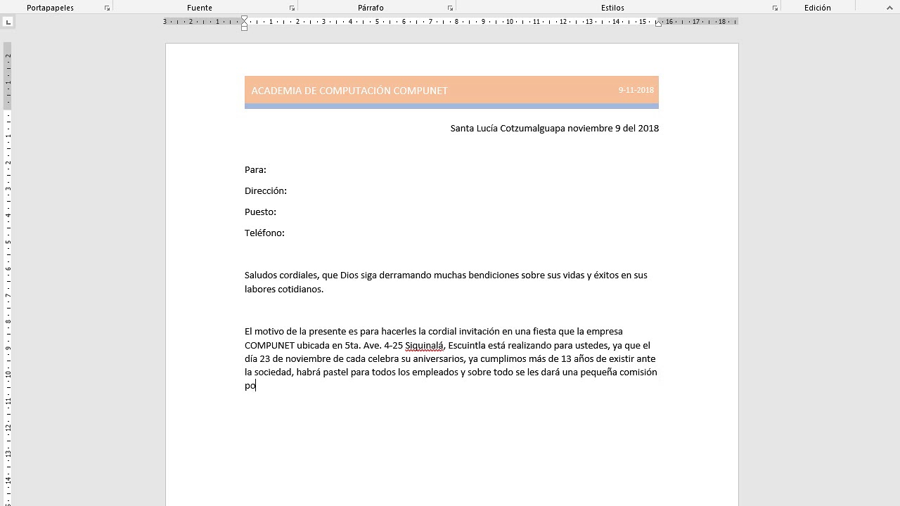 Carta de invitación a una fiesta - Carta Creativa